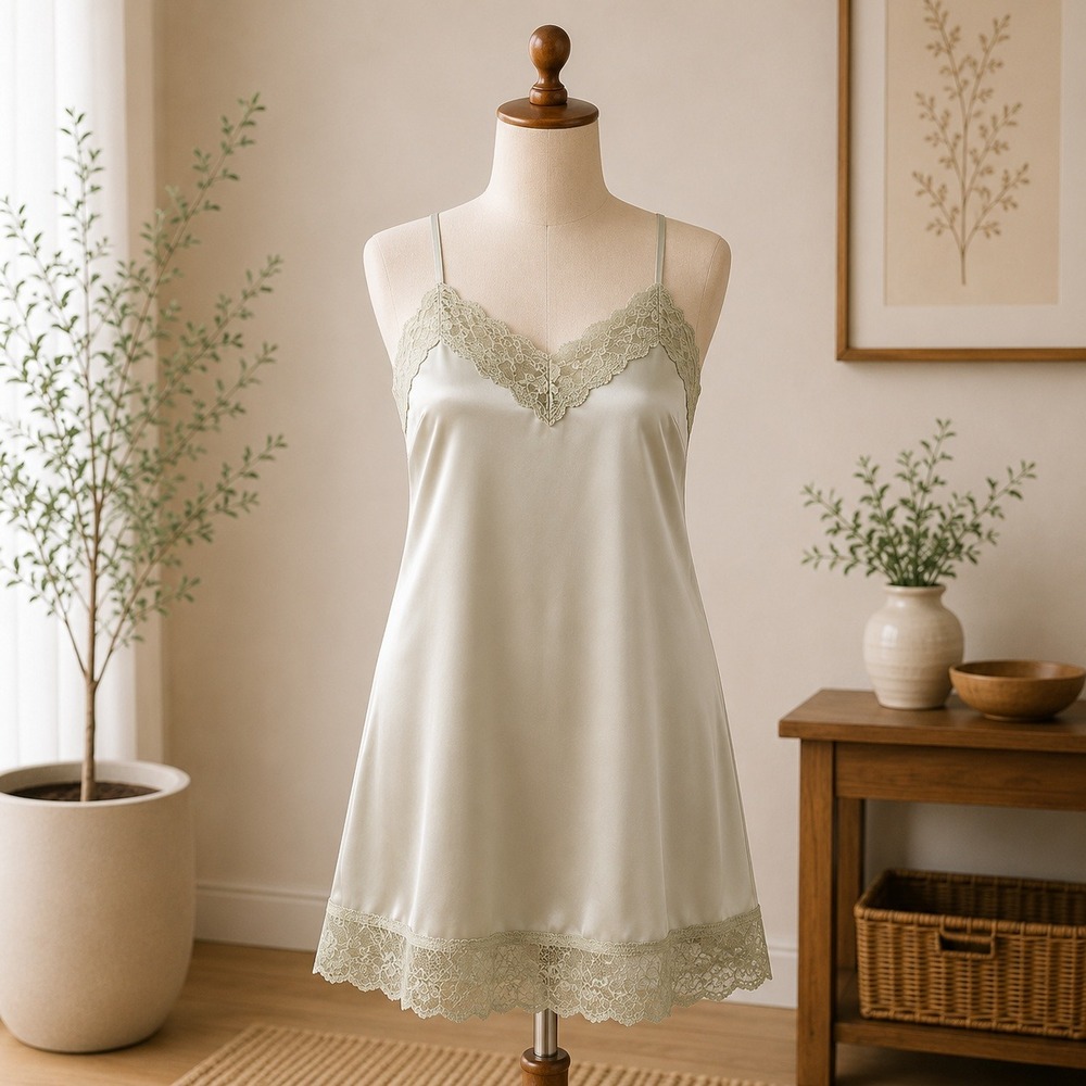 NWT Cupshe Nightgown Womens Large Champagne Satin Lace Trim Slip Dress SU2311076
